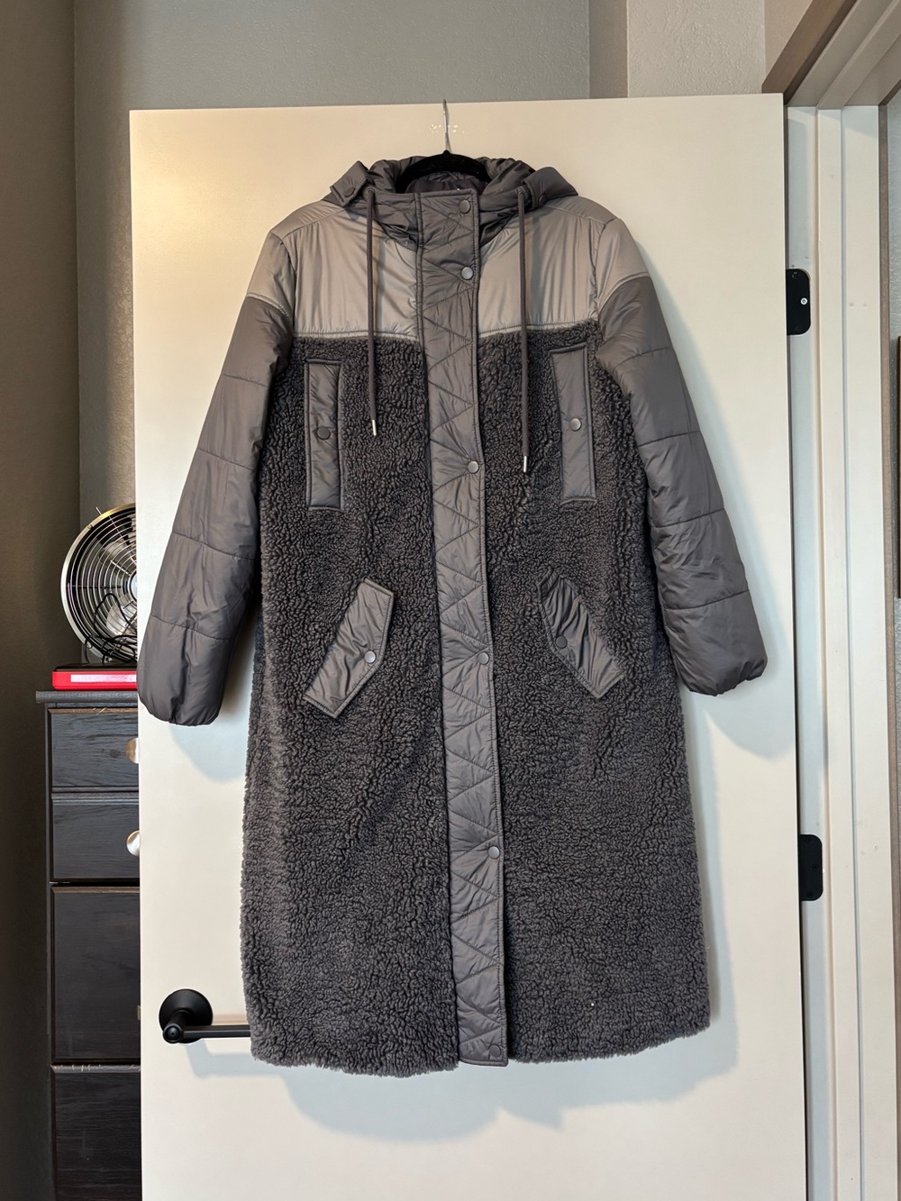Avec Les Filles Colorblock Long Sherpa Coat Mixed Media Hooded